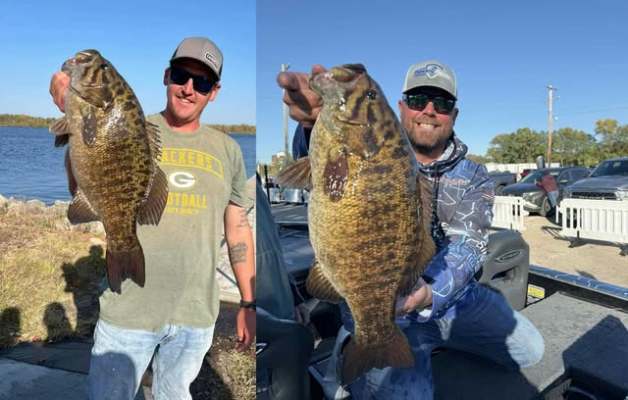 Chris Miller (right) caught the same lunker Casey Goode weighed in last year.